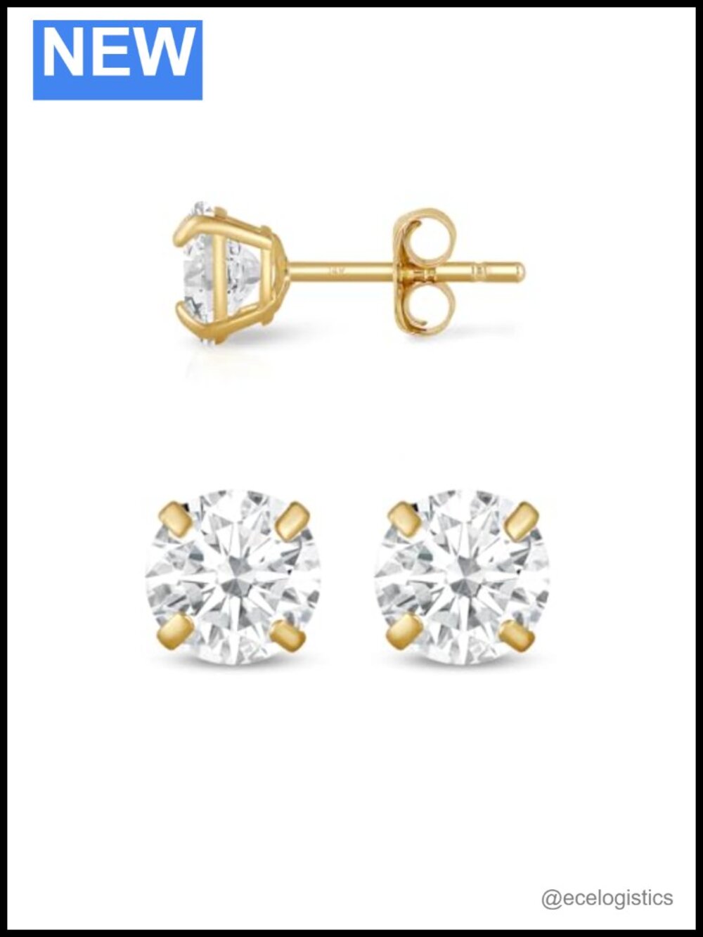 14K Solid Yellow Gold Cubic Zirconia Round Stud Earrings 4mm